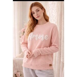 August Bleu Blush Pink Ribbed "Amore" Sweatshirt Thumbhole 100%Cotton Valentine